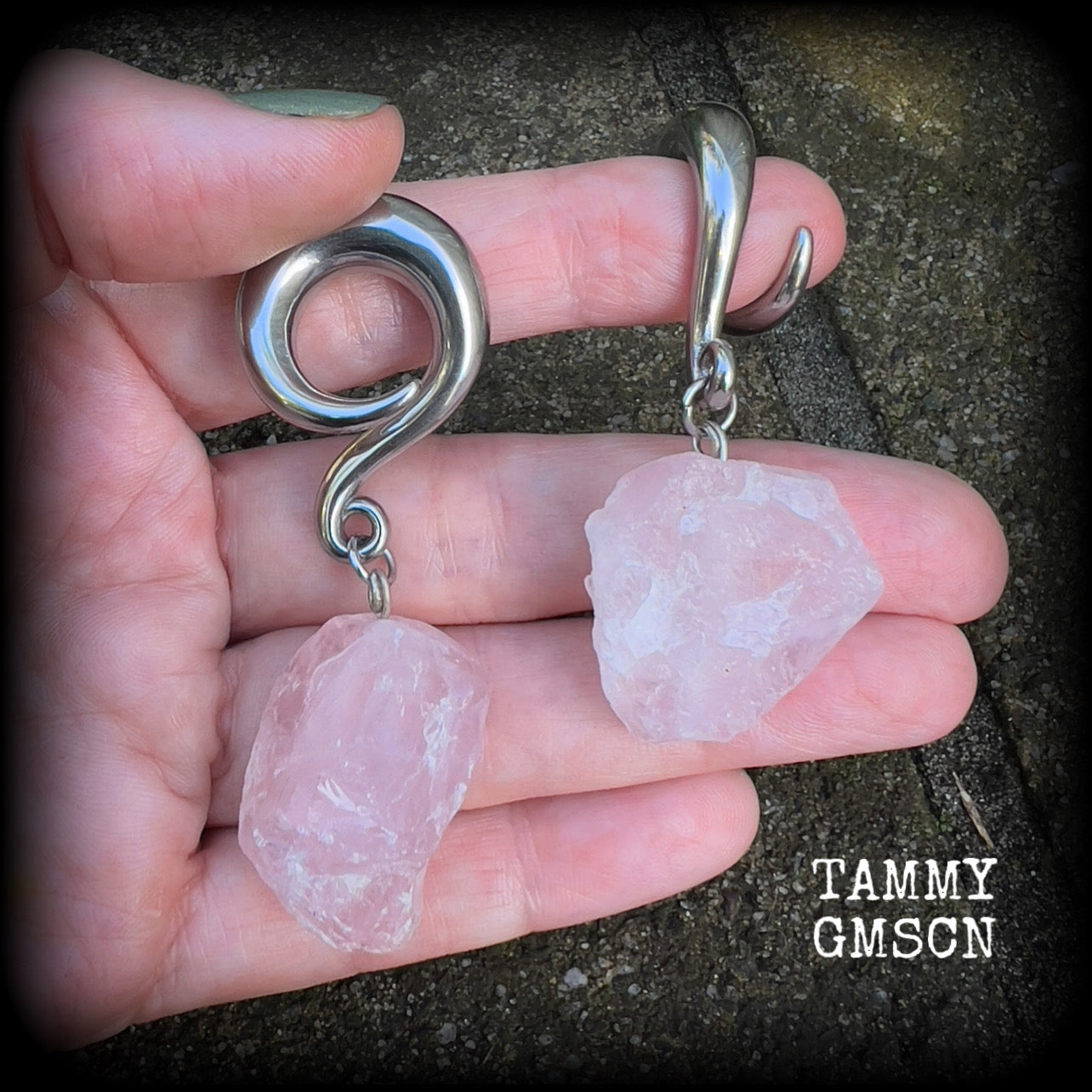 Raw Rose quartz gauged earrings