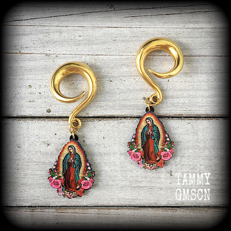 Lady of Guadalupe gauged earrings Sacred heart ear weights 2 gauge ear weights Ear hangers Body jewelry Religious jewelry Catholic jewellery Voodoo jewelry 4mm 6mm 8mm 10mm 12mm 14mm 16mm 19mm 22mm 25mm 28mm 30mm Stretched lobes Ear gauges Saints