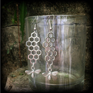 Bee and beehive earrings-Hexagon earrings.