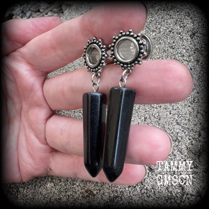 Ornate Obsidian gemstone tunnel dangles