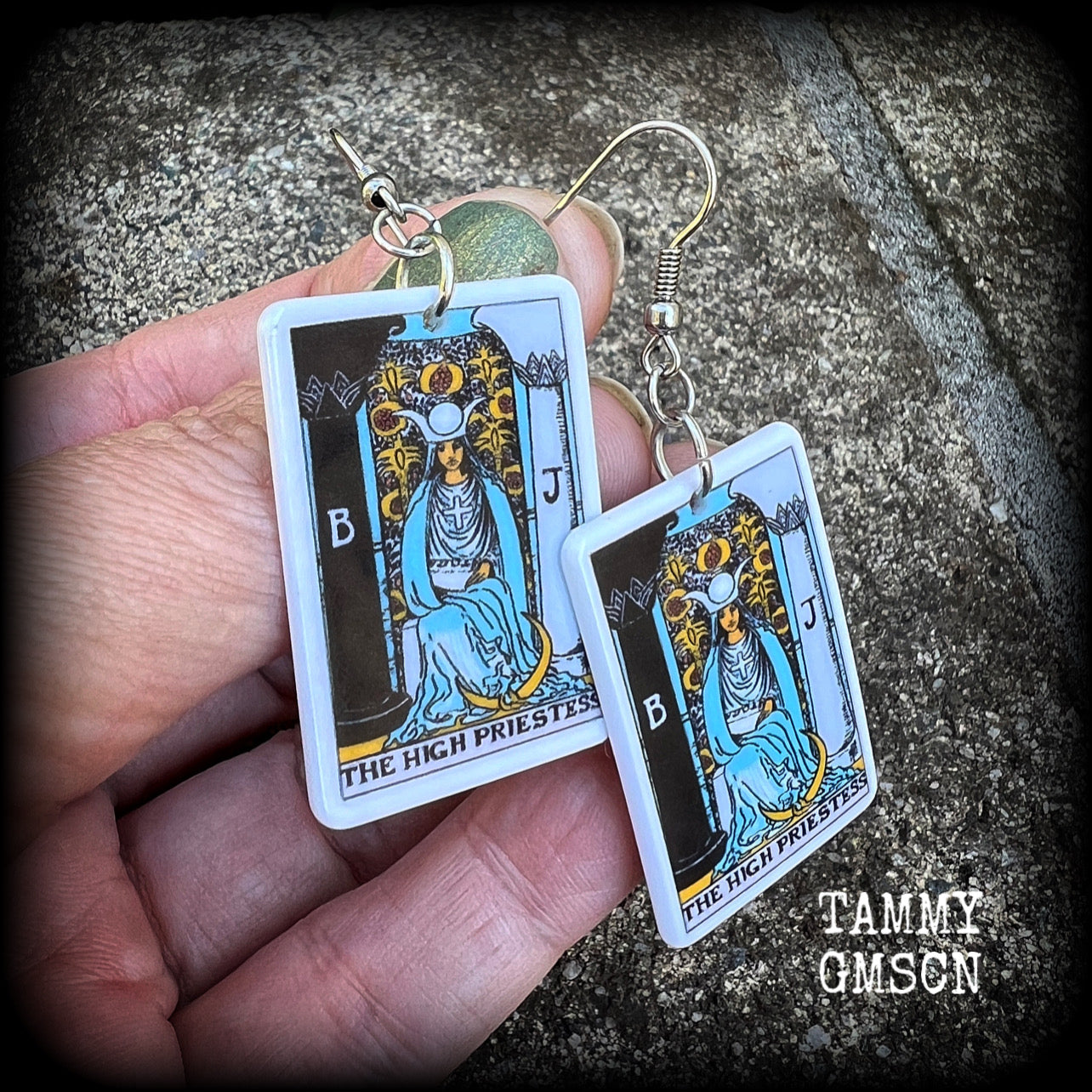 These classic Major Arcana earrings feature lightweight acrylic 'High Priestess' tarot card charms, measuring just under 6cms from tip to tip and weighing only a gram or two each.

This pair has been made with stainless steel french hooks, suitable for pierced ears.