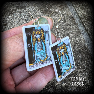 These classic Major Arcana earrings feature lightweight acrylic 'High Priestess' tarot card charms, measuring just under 6cms from tip to tip and weighing only a gram or two each.

This pair has been made with stainless steel french hooks, suitable for pierced ears.