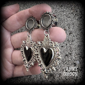 Black sacred heart tunnel earrings with cherbus and filigree details available on a range of different style tunnels from 6mm to 25mm