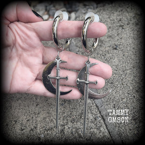 Sword and crescent moon gauged hoop earrings