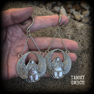 Silver scarab beetle gauged earrings