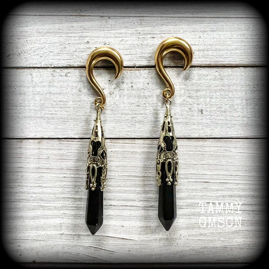Gothic Black obsidian gauged earrings-Ear hangers