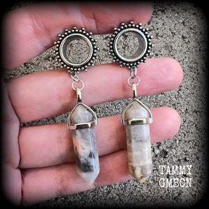 Ornate Lace agate tunnel dangles