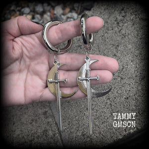 Sword and crescent moon gauged hoop earrings