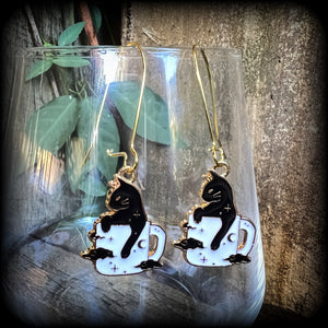 Black cat and coffee cup earrings