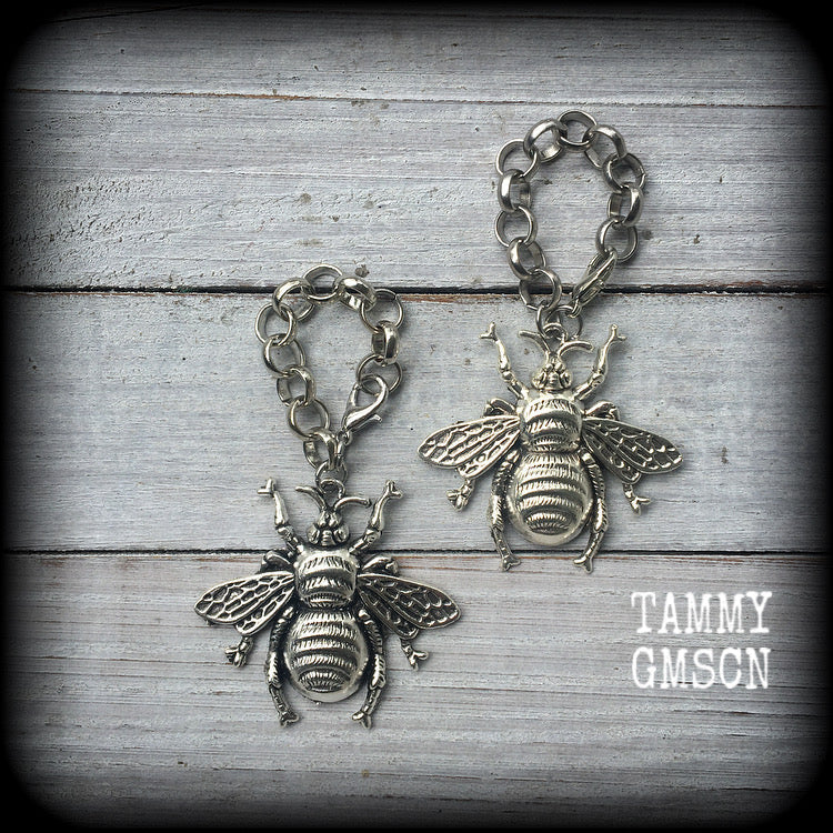 Antique silver bee tunnel earrings-Insect tunnel dangles