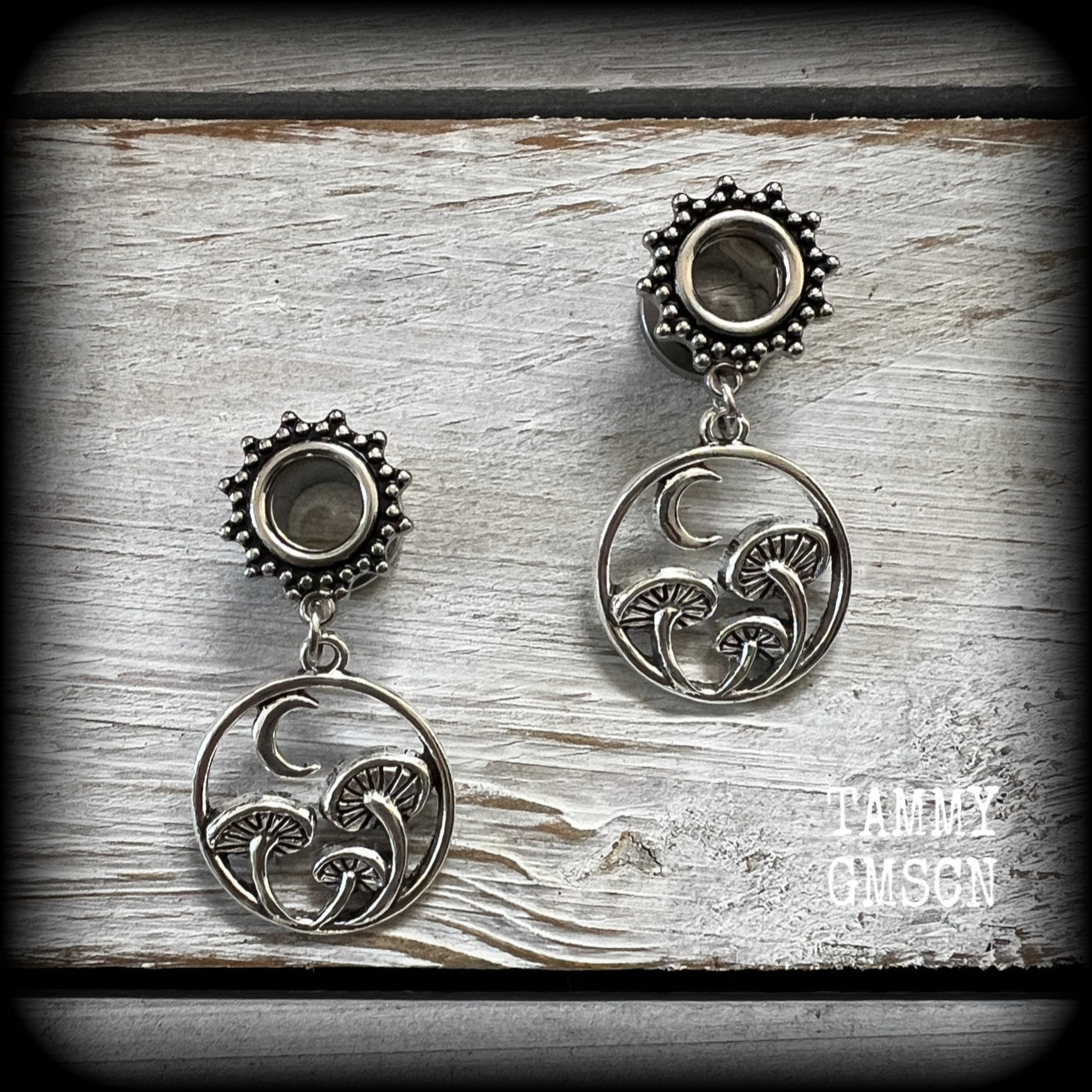 Mushroom and crescent moon boho tunnel earrings