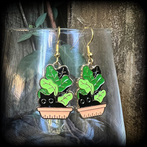 Black cat and pot plant earrings