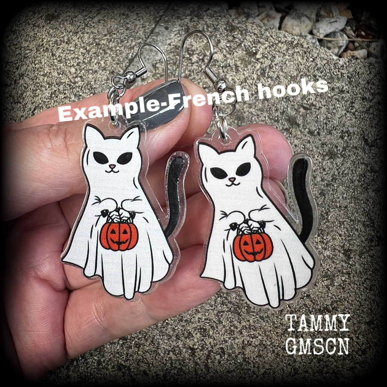 Ghost cat earrings Ghost earrings Jack o' lantern earrings Halloween earrings Spooky cute earrings Supernatural Spectre Ghost hunting Truck or treat Spooky earrings Halloween jewelry Cute earry Tunnels Plugs Ear gauges Gauged ears Pierced ears