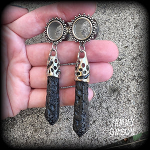 Ornate Volcanic lava rock tunnel earrings