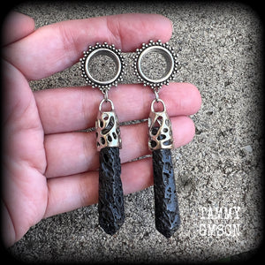 Ornate Volcanic lava rock tunnel earrings