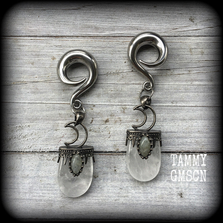 Clear quartz and labradorite gauged earrings-Gemstone ear weights