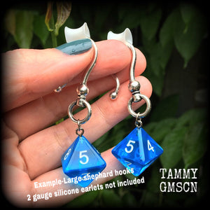 Gamer girl earrings These fabulously geeky earrings feature a pair of 8 sided dice, measuring just over 7cm from tip to tip and weighing only 6 grams each.

This pair have been made with large antique silver shephard hooks, to be worn in stretched lobes with silicone earlets from 2 gauge (6mm).