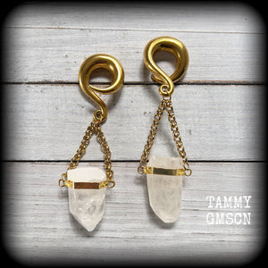 Clear quartz hanging pillar gauged earrings-Quartz ear weights