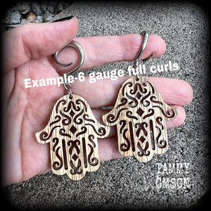 Hamsa hand gauged earrings-Carved wood earrings