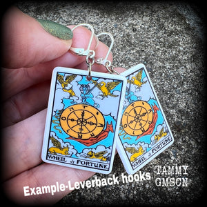 These earrings feature a lightweight acrylic 'Wheel of Fortune' tarot card charm, measuring just on 5cms from tip to tip, weighing only a gram or two each.

This pair has been made with antique silver leverback hooks, suitable for pierced ears or stretched lobes.