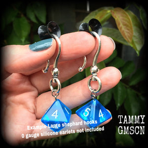 Gaming dice These fabulously geeky earrings feature a pair of 8 sided dice, measuring just over 7cm from tip to tip and weighing only 6 grams each.

This pair have been made with large antique silver shephard hooks, to be worn in stretched lobes with silicone earlets from 2 gauge (6mm).