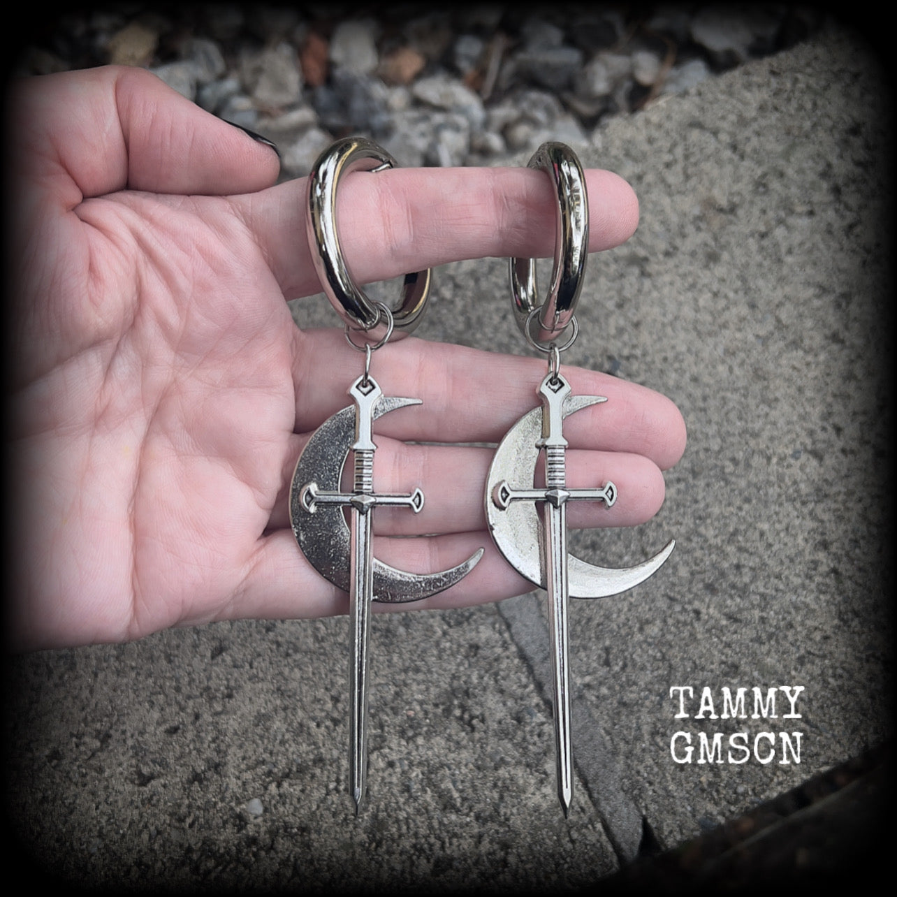 Sword and crescent moon gauged hoop earrings