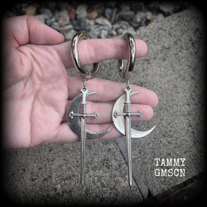 Sword and crescent moon gauged hoop earrings