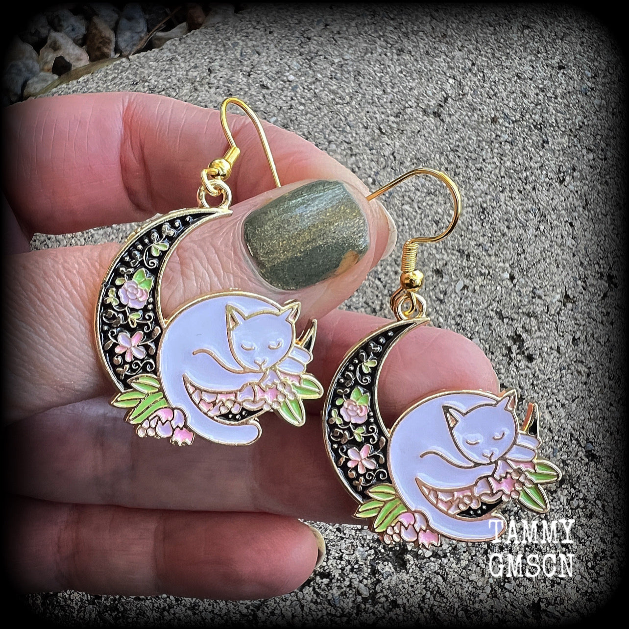 Cat and crescent moon earrings