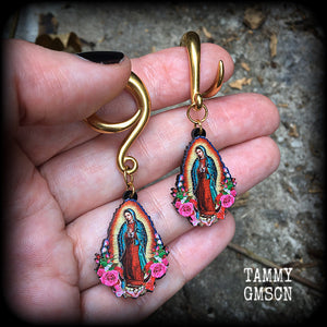 Lady of Guadalupe gauged earrings Sacred heart ear weights 2 gauge ear weights Ear hangers Body jewelry Religious jewelry Catholic jewellery Voodoo jewelry 4mm 6mm 8mm 10mm 12mm 14mm 16mm 19mm 22mm 25mm 28mm 30mm Stretched lobes Ear gauges Saints