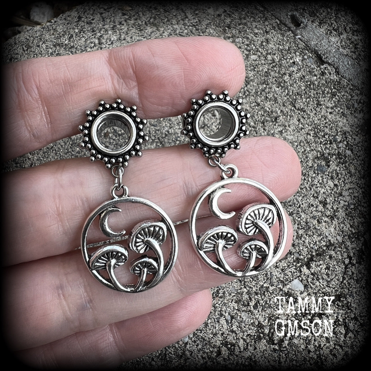 Mushroom and crescent moon boho tunnel earrings