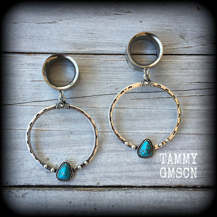 Turquoise earrings Tunnel hoops Boho tunnel dangles gauged earrings Ear guages Stretched lobes -2 gauge/6mm 
-0 gauge/8mm 
-00 gauge/10mm 
-1/2" gauge/12mm 
-9/16" gauge/14mm 
-5/8" gauge/16mm 
-3/4" gauge/19mm
-7/8" gauge/22mm
-1" gauge/25mm