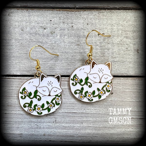 White fox and flowers earrings