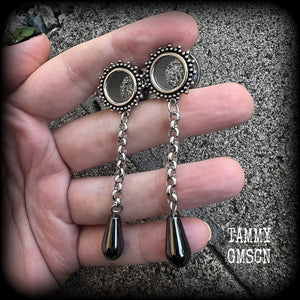 Ornate Hematite teardrop tunnel dangles-Gemstone ear gauges