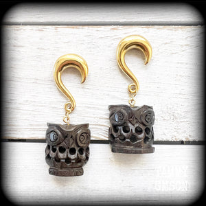 Owl earrings-Gauged earrings-Carved wood earrings