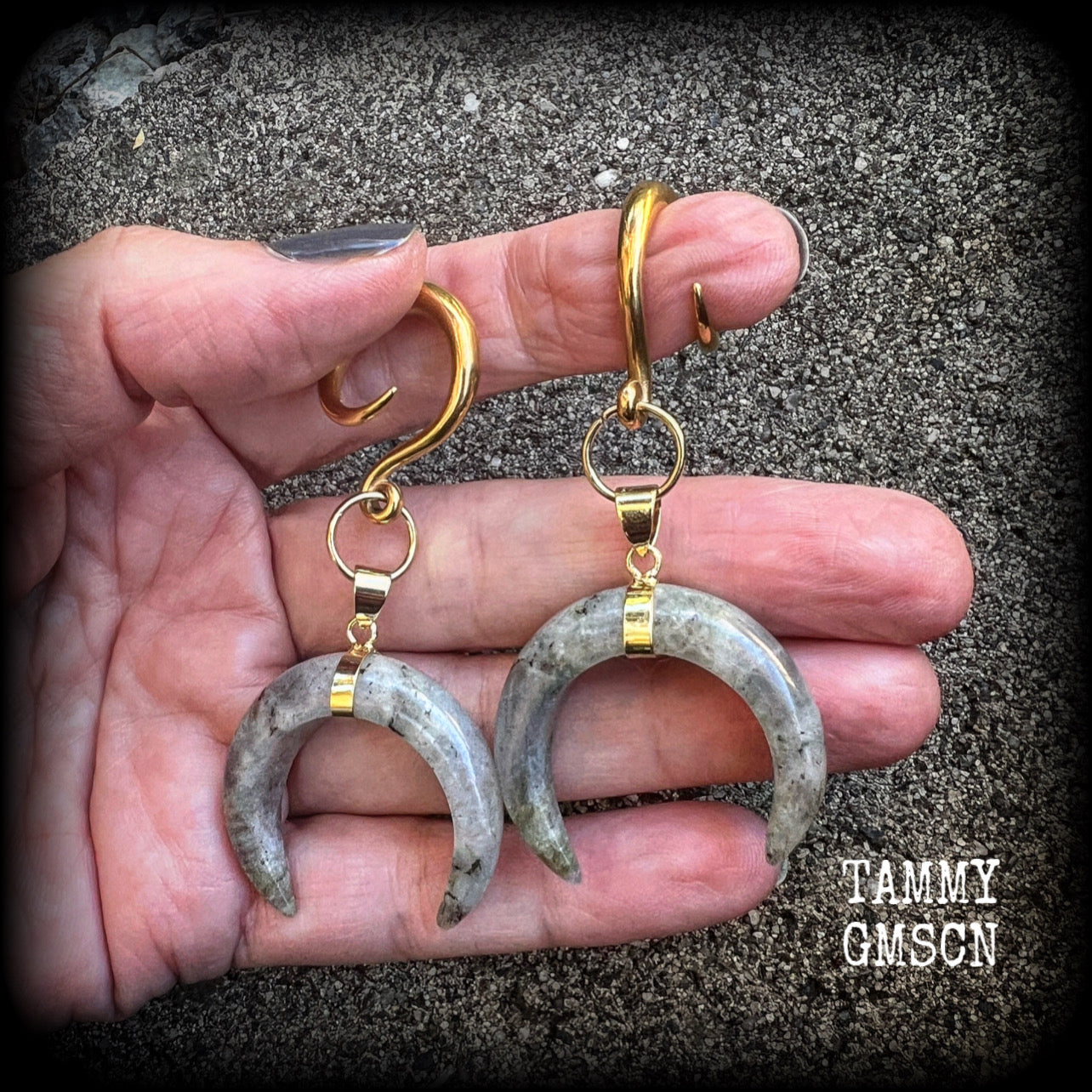 Labradorite crescent moon gauged earrings