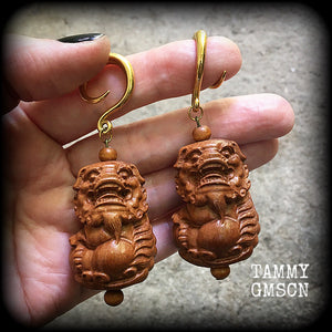 Foo dog gauged earrings-Carved wood ear hangers