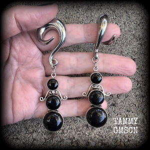 Obsidian ear weights Black obsidian ear hangers Gemstone ear gauges Boho body jewelry Gothic earrings Ear jewellery 00 gauge ear weights 10mm earrings Stretched lobes Stretched ears Pierced ears Gauged earrings