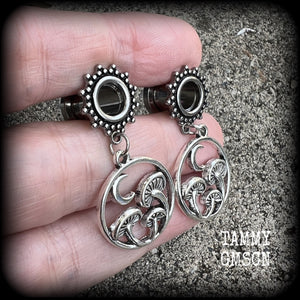 Mushroom and crescent moon boho tunnel earrings