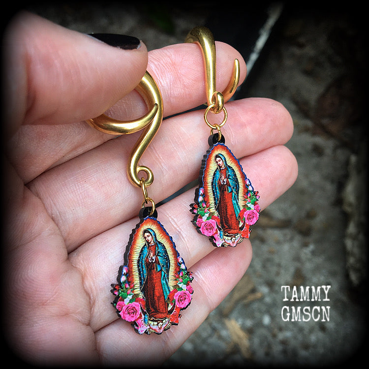 Lady of Guadalupe gauged earrings Sacred heart ear weights 2 gauge ear weights Ear hangers Body jewelry Religious jewelry Catholic jewellery Voodoo jewelry 4mm 6mm 8mm 10mm 12mm 14mm 16mm 19mm 22mm 25mm 28mm 30mm Stretched lobes Ear gauges Saints