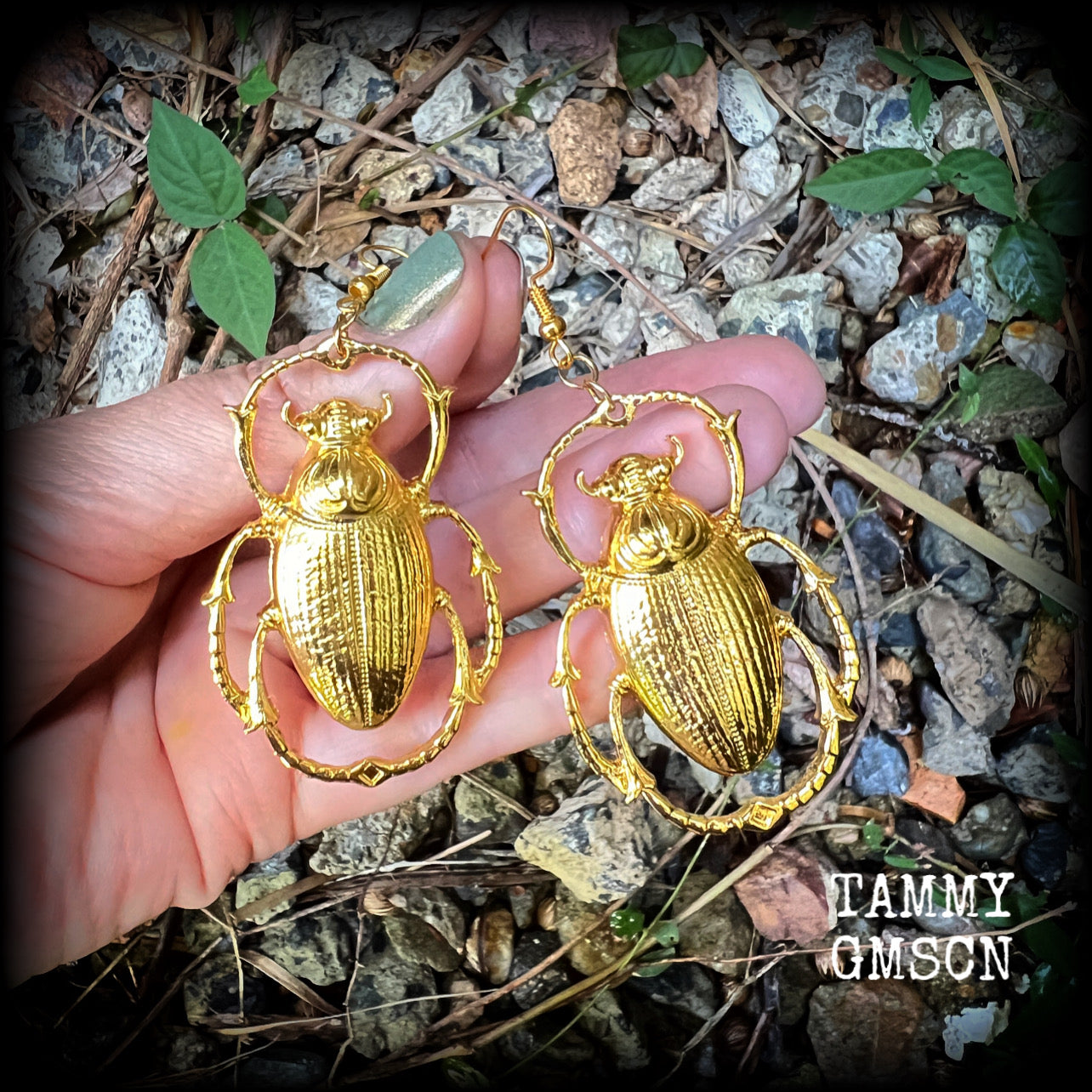 This is a pair of beautiful big antique gold scarab beetle earrings, made on french hooks for pierced ears. 