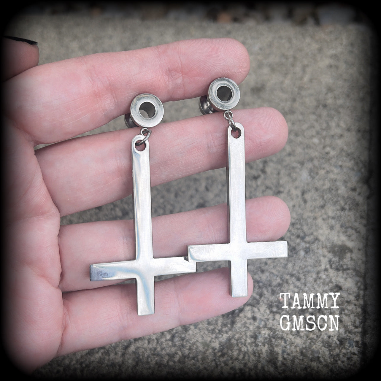 Inverted cross tunnel earrings-Satanic jewelry