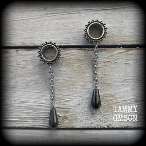 Ornate Hematite teardrop tunnel dangles-Gemstone ear gauges