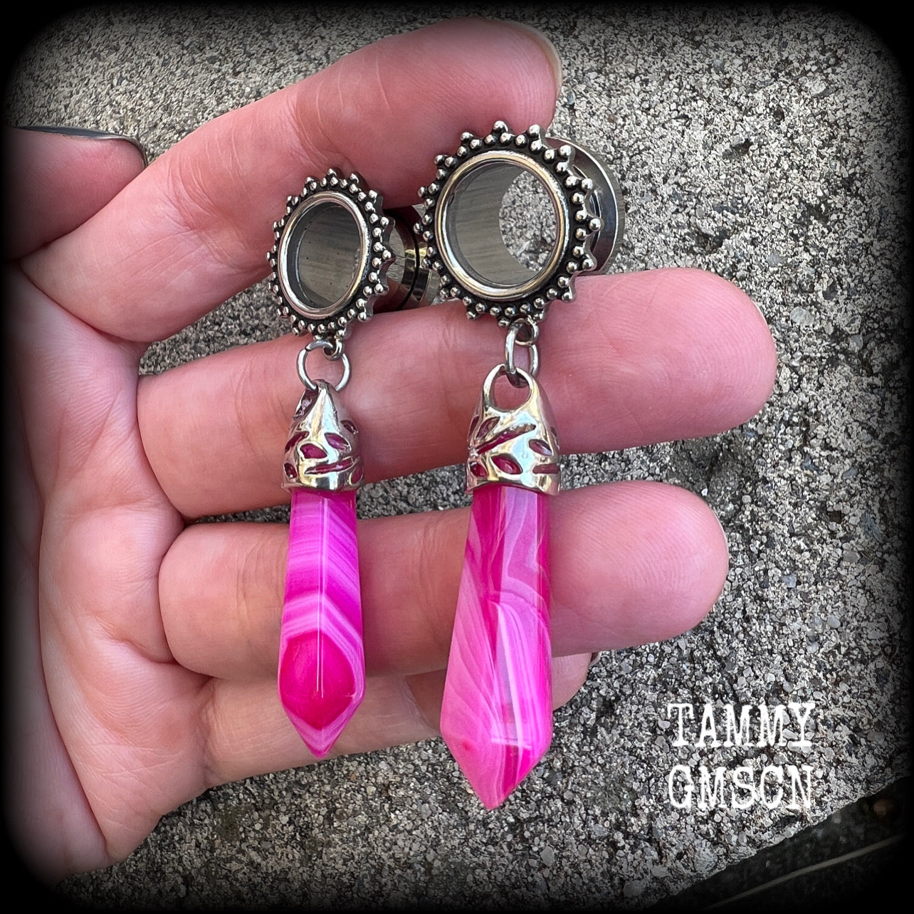 Pink agate boho tunnel dangles