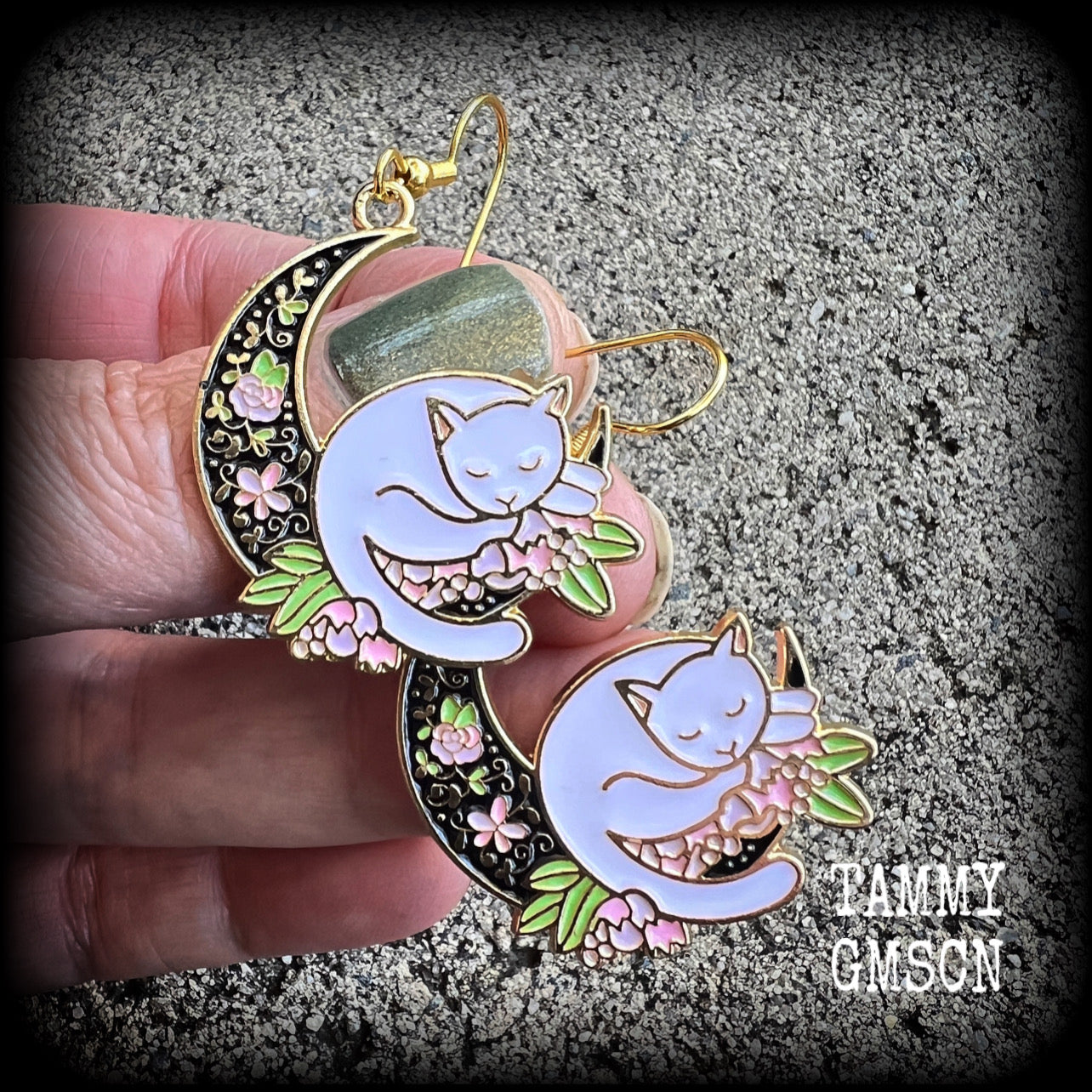 Cat and crescent moon earrings