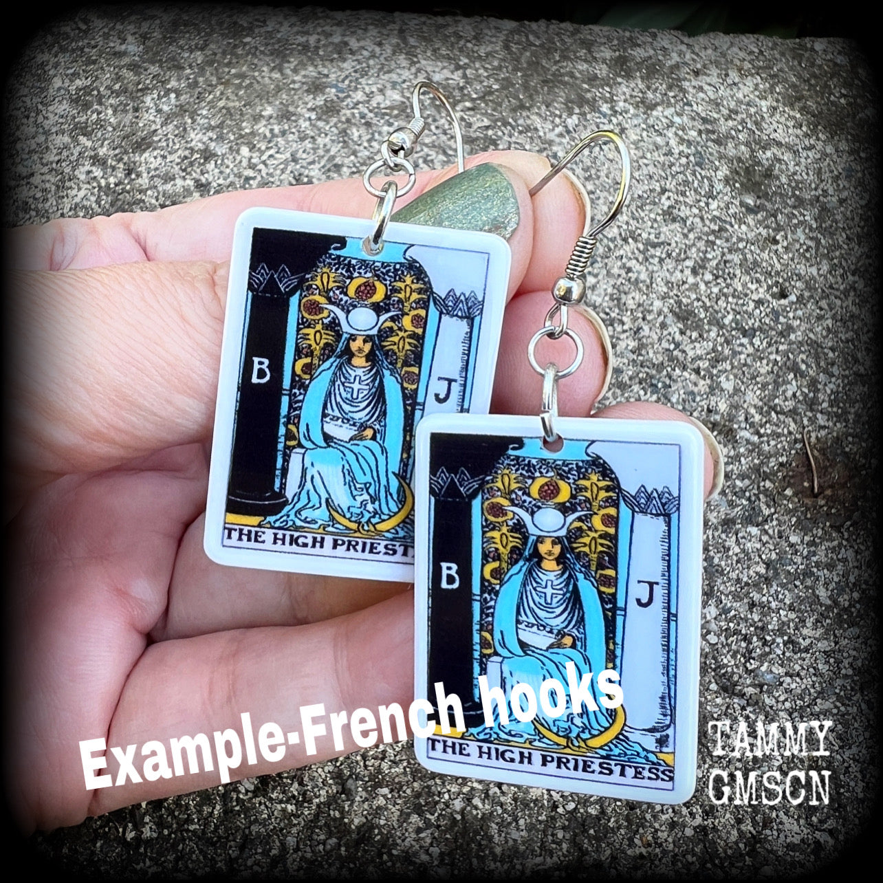 These classic Major Arcana earrings feature lightweight acrylic 'High Priestess' tarot card charms, measuring just under 6cms from tip to tip and weighing only a gram or two each.

This pair has been made with stainless steel french hooks, suitable for pierced ears.