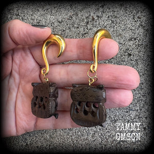 Owl earrings-Gauged earrings-Carved wood earrings