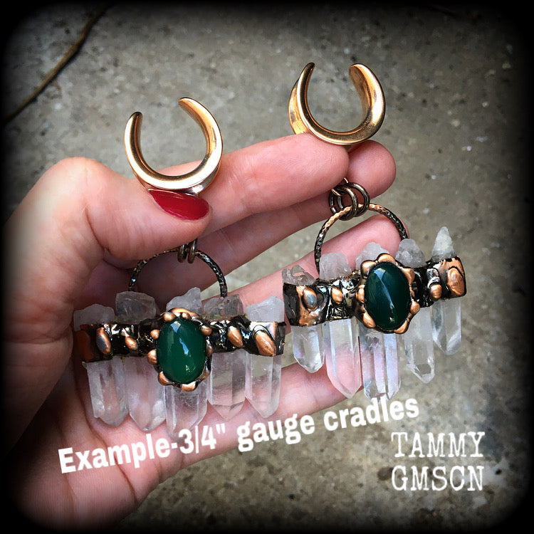 Clear quartz and green cabachon ear weights