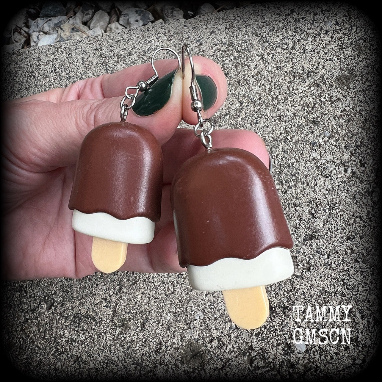 Chocolate ice cream earrings Ice creams Kitsch earrings Soft serve earrings Novelty earrings Party favours Birthday party Pierced ears Stretched lobes Ear gauges Stocking stuffers Cake earrings Chocolate earrings