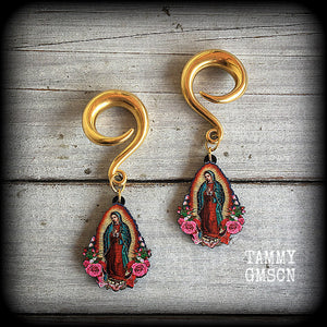 Lady of Guadalupe gauged earrings Sacred heart ear weights 2 gauge ear weights Ear hangers Body jewelry Religious jewelry Catholic jewellery Voodoo jewelry 4mm 6mm 8mm 10mm 12mm 14mm 16mm 19mm 22mm 25mm 28mm 30mm Stretched lobes Ear gauges Saints