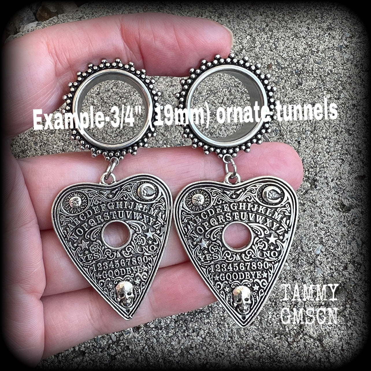 Ouija board jewelry Planchette earrings Spooky tunnel earrings Halloween gauged earrings 3/4" tunnel dangles 19mm tunnel earrings Body jewelry Stretched ears Gauged ears 6mm 8mm 10mm 12mm 14mm 16mm 19mm 22mm 25mm 28mm 30mm ear gauges Plug gauges 